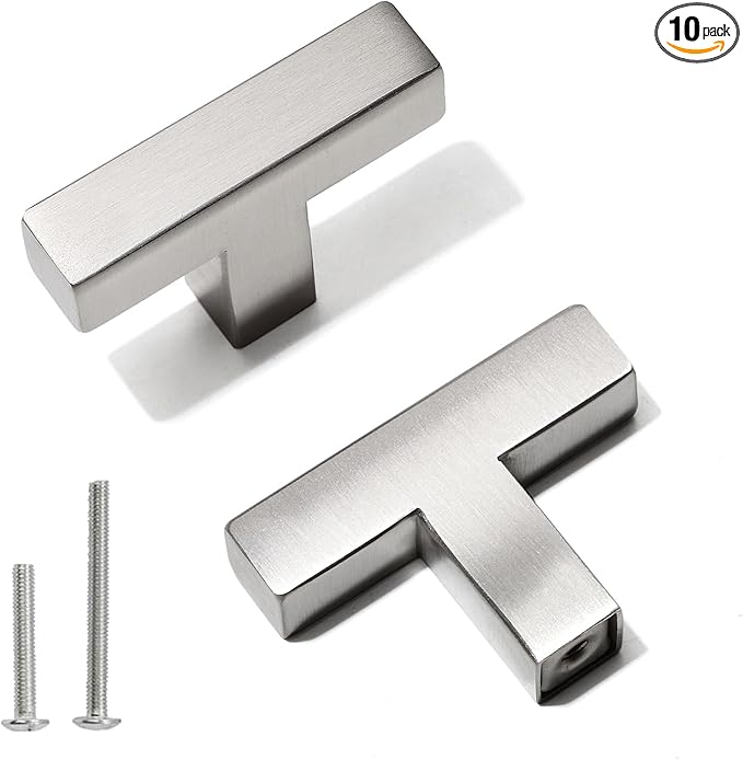 Cabinet Pulls Single Hole Cabinet Handles, 10 Pack Square Brushed Nickel Bar Cabinet Pulls Drawer Cabinet Knobs Cupboard Hardware Cabinet Handles, Stainless Steel Single Hole Cabinet Knobs