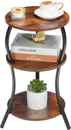 Vintage Small Round Side Table, 3-Tier Slim Waist Circular End Table with Storage Shelf, Compact Tea Sofa Table, Round Corner Coffee Table Nightstand for Living Room Bedroom Small Spaces,Rustic Brown