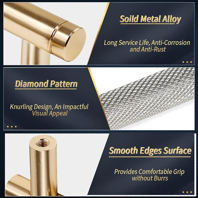 Knurled Cabinet Pulls 12 Pack, 6 Inch Long Cabinet Handles Metal Door Pulls, Kitchen Drawer Pull Knurled Dresser Handles - 5" Hole to Hole, Grey & Gold