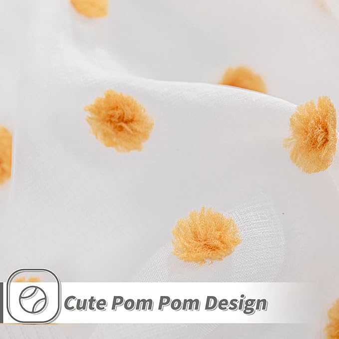 MYSKY HOME Living Room Curtains 2 Panels 95Inch Orang White Sheer Curtains for Bedroom Windows Light Filtering Semi Cute Pom Pom Curtains Sliding Door Extra Long Rod Pocket Backdrop 52" x 95"