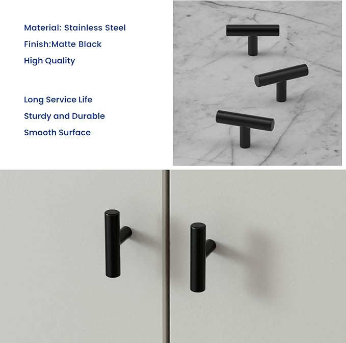 LONTAN 20 Pack Black Knobs for Cabinets and Drawers Kitchen Cabinet Knobs for Dresser Bathroom Modern T Bar Furniture Black Hardware,Stainless Steel
