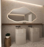 Asymmetrical Bathroom LED Mirror, Modern Irregular Shape Wall Mirror with LED Lights, Frameless Aesthetic Backlit LED Illimunated Vanity Mirror (20" x 10" inc)