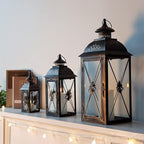 TRIROCKS Set of 3 Decorative Hanging Lantern 19'' High Vintage Metal Candle Holder with Tempered Glass Perfect for Living Room Garden Yard Patio Parties Events Indoors Outdoors (Black)