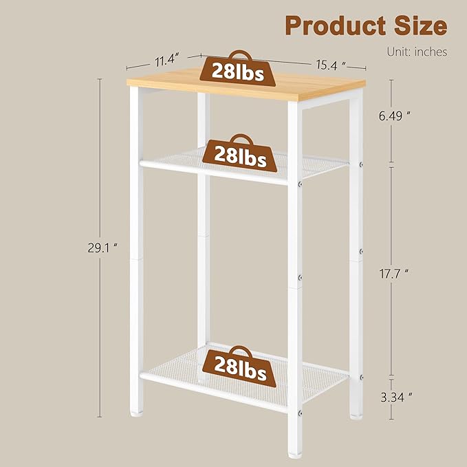 Hoctieon 3 Tier End Table, Telephone Table, Narrow Side Table with Storage, Nightstand for Small Spaces, Metal Frame, for Living Room, Bedroom, Sofa Couch, Hall, Easy Assembly, White and Yellow Oak