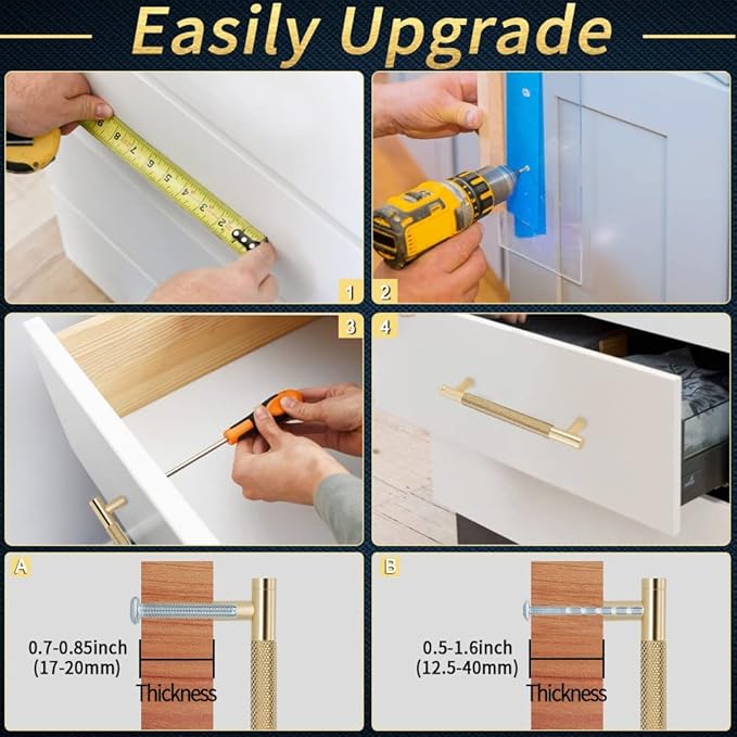 Knurled Cabinet Pulls 6 Pack, 16 Inch Long Cabinet Handles Metal Door Pulls, Kitchen Drawer Pull Knurled Dresser Handles - 10" Hole to Hole, Golden