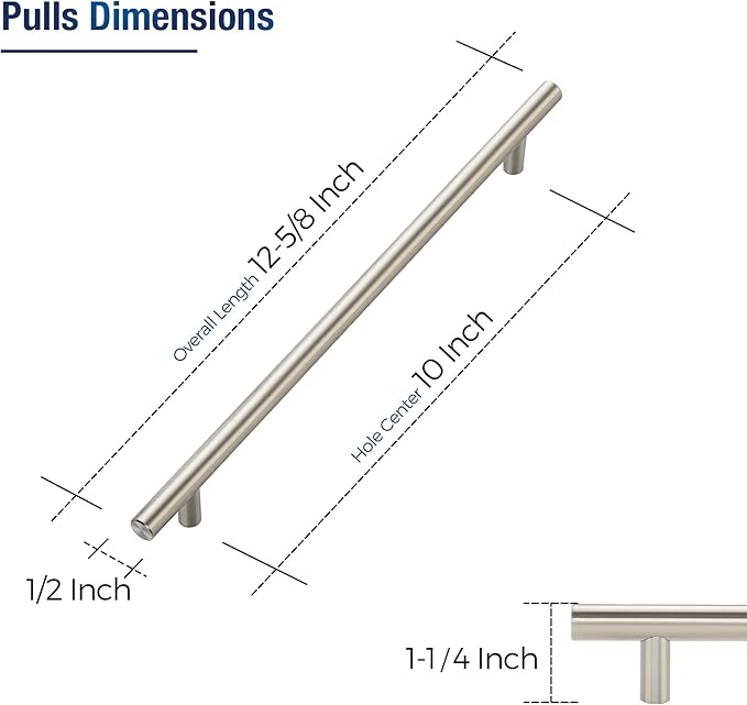 JOY DECOR 15 Pack Cabinet Handles, Brushed Nickel Cabinet Pulls, 10 in Hole Center Kitchen Cabinet Handles, Stainless Steel T Bar Handles for Dresser Drawers