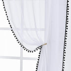 Treatmentex White Sheer Curtains Black Pompoms 63" inches Long Window Draperies for Boy's Room Bed Canopy 2 Panels Rod Pocket