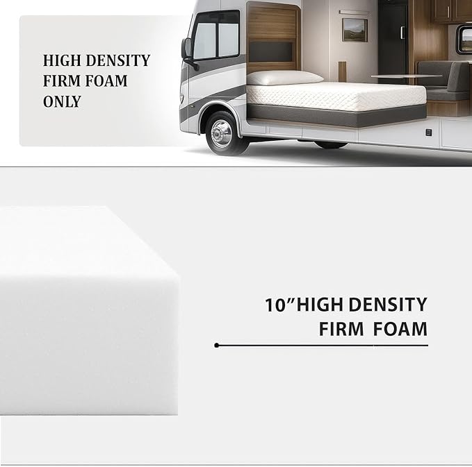Foamma 10” x 24” x 72” Truck, Camper, RV High Density Foam Bunk Mattress Replacement, Made in USA, Comfortable, Travel Trailer, CertiPUR-US Certified, Cover Not Included
