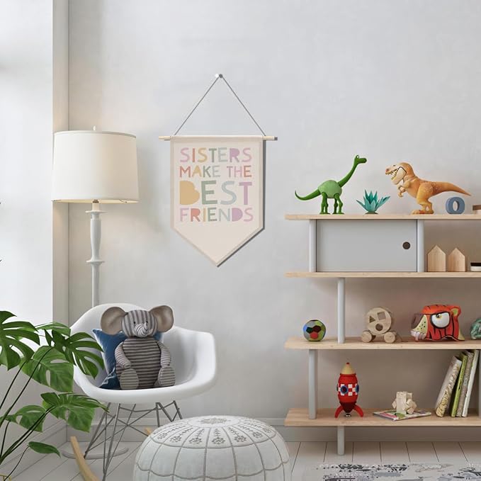 Cute Girl Decor Canvas Banner, Girls Room Decor, Flags for Bedroom Girls, Bedroom Playroom Wall Art Decorations, Boho Twin Sign, Siblings Room Hanging Pennant Flag Banner