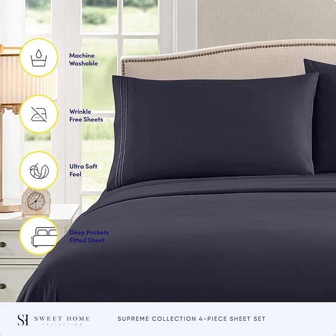 RV Queen Bed Sheets - Breathable Luxury Sheets with Full Elastic & Secure Corner Straps Built In - 1800 Supreme Collection Extra Soft Deep Pocket Bedding Set, Sheet Set, RV Short Queen, Navy