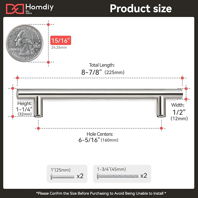 homdiy (25 Pack) Drawer Pulls Brushed Nickel Cabinet Pulls HD201SN Cabinet Hardware Euro Style Drawer Handles 6-1/4in Hole Centers Kitchen Cabinet Handles Cupboard Handles