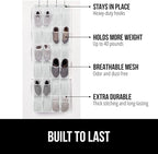 GORILLA GRIP Over the Door Shoe Organizer, 24 Extra Large Breathable Mesh Pockets, Space Saving Hanging Storage Holder, 4 Hook Closet Rack Hanger, Hangs on Closets for Shoes and Accessories, White