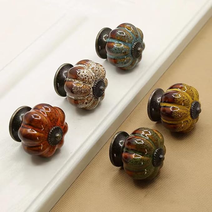10 Pack Vintage Ceramic Pumpkin Cabinet Knobs, Kitchen Cabinet Drawers Dresser Cupboard Pull Handles Door Pulls with 5 Kinds of Screws (Leopard Print -Orange)