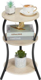Vintage Small Round Side Table, 3-Tier Slim Waist Circular End Table with Storage Shelf, Compact Tea Sofa Side Table, Round Corner Coffee Table Nightstand for Living Room Bedroom Small Spaces,Oak