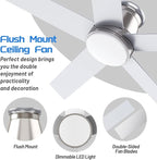 wurzee 52" Flush Mount Ceiling Fan Brushed Nickel Ceiling Fan 6 Speeds DC Reversible Motor, Timing, Dimmable, 5 Blades for Bedroom,Living, Dining Indoor Patio Porch Garage Shop