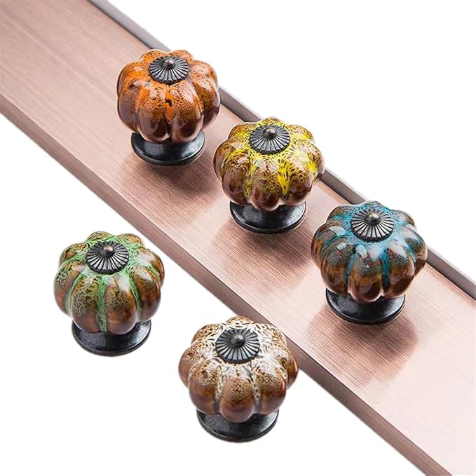5 Pack Vintage Ceramic Pumpkin Cabinet Knobs, Kitchen Cabinet Drawers Dresser Cupboard Pull Handles Door Pulls with 5 Kinds of Screws (Leopard Print -White)