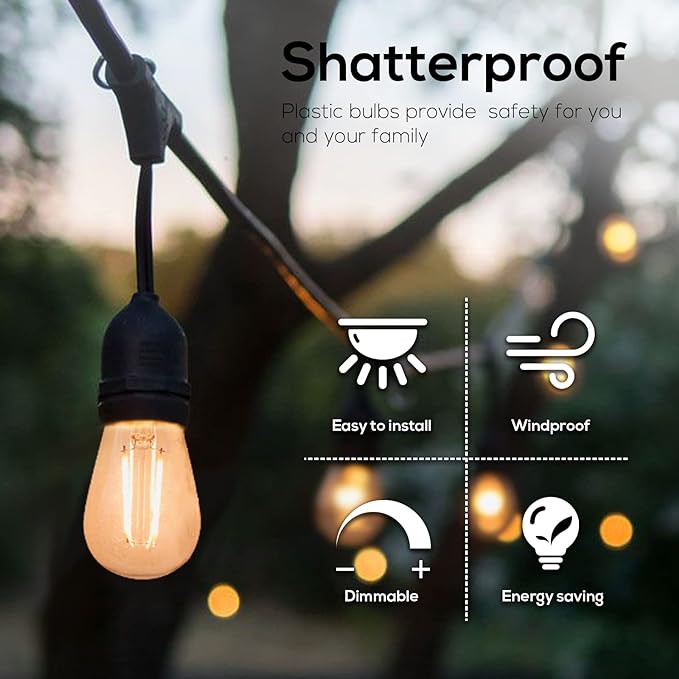 Banord 15 Pack Dimmable 2W S14 Replacement LED Bulbs, 2700K Warm White Waterproof Outdoor String Lights Vintage LED Filament Bulb, Shatterproof E26 Screw Base Edison Light Bulbs