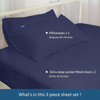 King Size Sheets Set for Air Mattress - Deep Pocket King Sheet Set - 3Pcs Side Storage Pocket Fitted Sheet & Pillowcases Easily Fits 16in to 24in Pillow Top Air Bed Mattress - Navy Blue