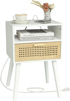 MaxSmeo Nightstand with Charging Station, Bedside Tables with Rattan Drawer, Mid Century Modern Nightstand, End Table for Living Room, Bedroom and Small Spaces, Easy Assembly (White)
