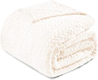 Exclusivo Mezcla Fleece Queen Size Blanket for Bed, 90x90 Inches Soft Cozy Jacquard Flannel Blankets, Lightweight Fuzzy Plush Warm for Winter, Off White