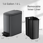 TIPGO Slim Bathroom Trash Can with Lid Soft Close, 6 Liter / 1.6 Gallon Stainless Steel Garbage Can with Removable Inner Bucket, Step Pedal, Small Trash Cans for Bedroom, Office, Kitchen (Grey)