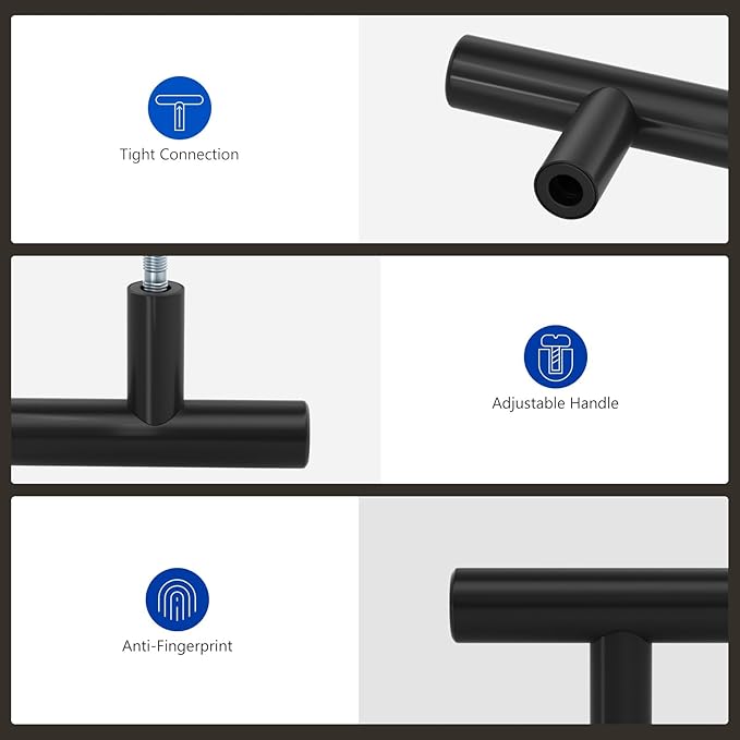 LONTAN 100 Pack Black Knobs for Cabinets and Drawers Kitchen Cabinet Knobs for Dresser Bathroom Modern T Bar Furniture Black Hardware,Stainless Steel