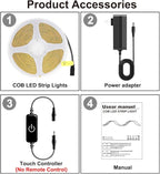 COB LED Strip,LED Strip Lights 5M/16.4ft,Touch Dimmable LED Strips,CRI90+,2700K Warm White cob led,1600LEDs,24V LED Tape Lights,Indoor for Bedroom, Kitchen, TV, Mirror,Cabinet