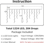 Toodour Christmas Icicle Lights Outdoor, 1224 LED 100ft 8 Modes Fairy Icicle String Light with 204 Drops, Led Christmas Lights Twinkle for Holiday, Party, Wedding, Eaves, Xmas Decorations (White)