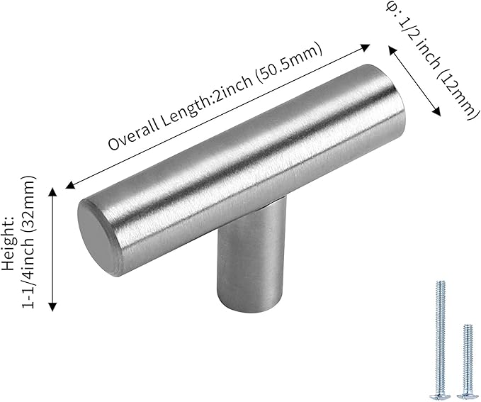 LONTAN 50 Pack Kitchen Cabinet Knobs Brushed Nickel Drawer Knobs LS201BSS Cupboard Knobs Single Hole T Bar Knobs Cabinet Hardware 2in Overall Length