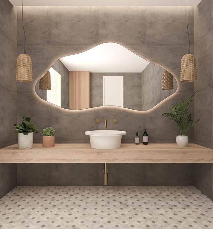 Asymmetrical Bathroom LED Mirror, Modern Irregular Shape Wall Mirror with LED Lights, Frameless Aesthetic Backlit LED Illimunated Vanity Mirror (50" x 25" inc)