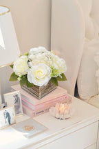 Flower Arrangement with Wooden Vase 8" Artificial Flowers in Pot - Fake Flowers Roses Peonies Hydrangeas in Wooden Vase Potted Artificial Flower Centerpieces for Table Decor Living Room - White
