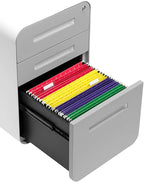 Laura Davidson Furniture Stockpile 3 Drawer File Cabinet with Lock - Under Office Desk Metal Filing Cabinet, Legal/Letter File Folders, Wheels and Stationary Feet, Pre-Assembled, Light Grey Faceplate
