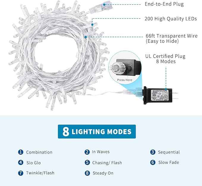 66Ft 200LED Warm White Christmas Lights Plug in,8 Modes Connectable String Light Classroom Lights Indoor Outdoor for Halloween Christmas Tree Bedroom Garden Decor (Clear Wire)