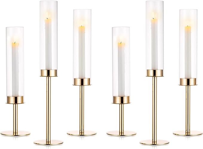 Nuptio Glass Hurricane Candle Holder: Set of 6 Gold Candlestick Holders - Long Stem Taper Candleholders for Christmas Tabletop Centerpiece Fireplace Decor Cylinder Candle Stand Windproof 14" 16" 18"