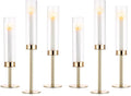 Nuptio Glass Hurricane Candle Holder: Set of 6 Gold Candlestick Holders - Long Stem Taper Candleholders for Christmas Tabletop Centerpiece Fireplace Decor Cylinder Candle Stand Windproof 14" 16" 18"