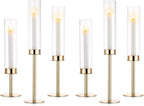 Nuptio Glass Hurricane Candle Holder: Set of 6 Gold Candlestick Holders - Long Stem Taper Candleholders for Christmas Tabletop Centerpiece Fireplace Decor Cylinder Candle Stand Windproof 14" 16" 18"