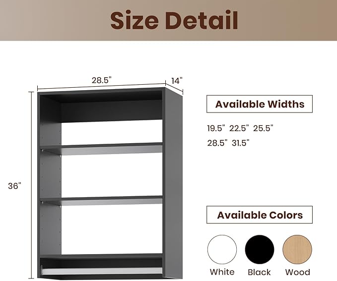 ROOMTEC 28.5" Medium Hanging Closet Unit, Modular Closet System with Hanging Rod, Wardrobe Organizer for Bedroom or Walk-in Closet, Wall Mounted, Customizable Clothes Storage Unit, Black