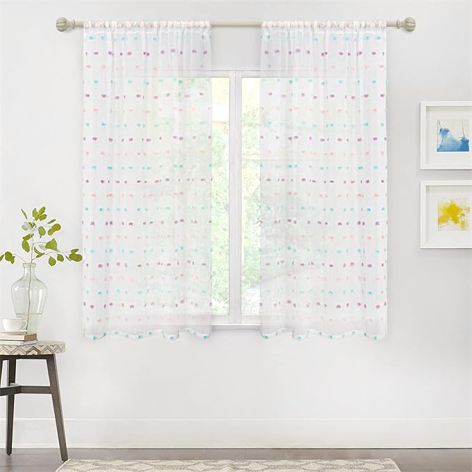 MYSKY HOME Rainbow Pom Pom Curtains Nursery Curtains for Girls Bedroom 63 Inch Length Long Window White Sheer Curtains for Kids Room Rod Pocket Farmhouse Window Drapes 2 Sets 38" x 63"