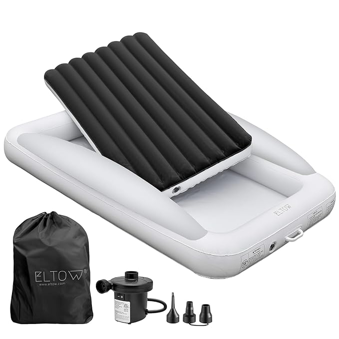 ELTOW Toddler Blow-Up Mattress with Sides, Inflatable Toddler Travel Bed with Safety Bumpers, Portable Kids Air Mattress for Travel, Complete Set with High-Speed Pump & Carry Bag - Black