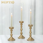 NUPTIO Hurricane Candle Holder for Centerpiece: Set of 3 Gold Candlestick Holders with Glass Shade - Vintage Taper Candleholder for Christmas Dining Table Fireplace Mantle Decor