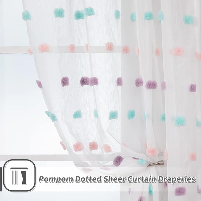 MYSKY HOME Living Room Curtains for Window Rainbow Pom Pom Curtains 120 Inch Length Long for Bedroom Set of 2 Semi White Sheer Curtains Parties Farmhouse Rod Pocket Boho Backdrops 37" x 120"