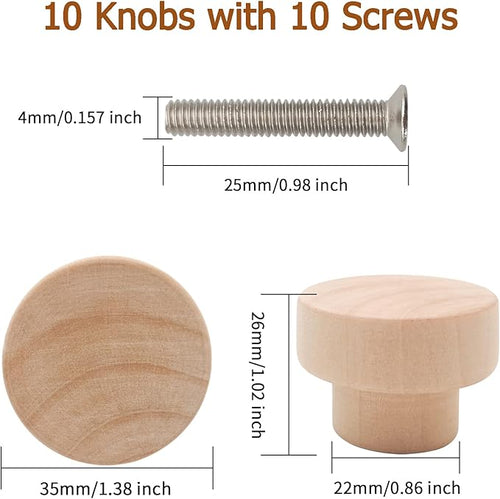 10PCS Wood Knobs Flat Top Round Cabinet Knobs 1.39"(35mm) Unfinished Wooden Dresser Drawer Pulls Kitchen Cabinet Handles