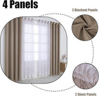 BONZER Mix and Match Curtains - 2 Pieces Branch Print Sheer Curtains and 2 Pieces Blackout Curtains for Bedroom Living Room Grommet Window Drapes, 37x63 Inch/Panel, Taupe, Set of 4 Panels