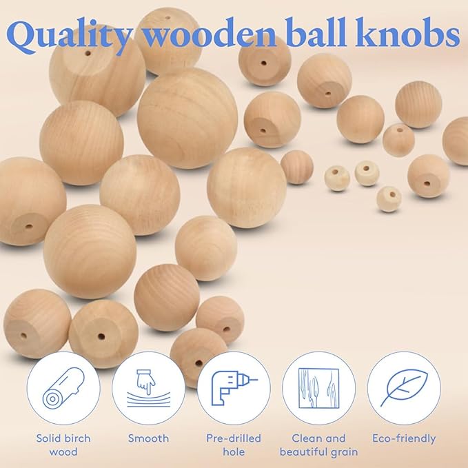 Wood Knobs, 3/4 Inch Round Natural Wood Drawer Pulls, Pack of 25 Unfinished Wooden Drawer Knobs, Ball Shaped Wood Cabinet Knobs, Nursery Dresser Knobs, Wood Door Knobs and Crafts