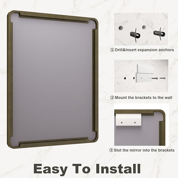 55x36 Bronze Framed Bathroom Mirror, Rectangle Brushed Bronze Metal Vanity Mirror, Large Modern Mirror for Wall, Rounded Corner, Tempered Glass, Anti-Rust, Shatterproof (Horizontal/Vertical)