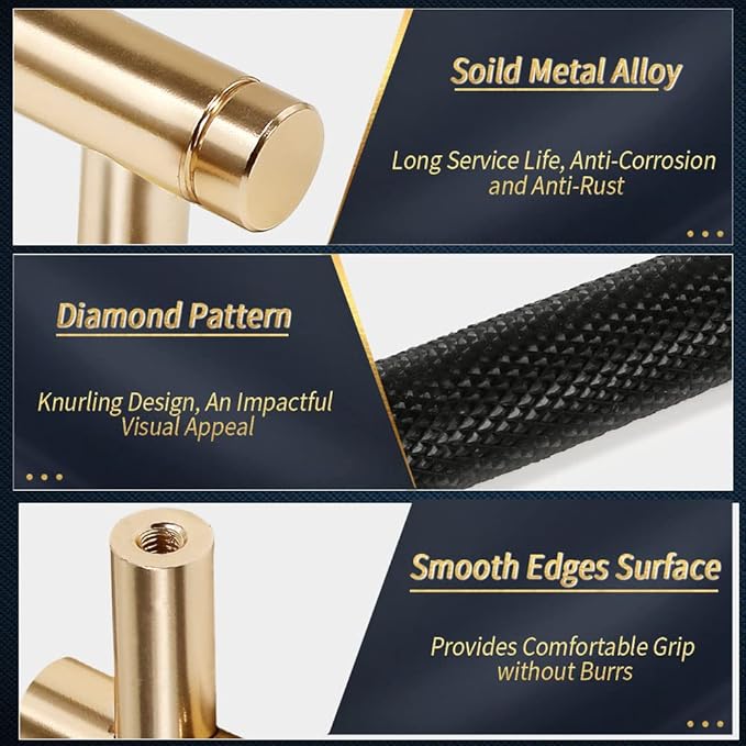 Knurled Cabinet Pulls 12 Pack, 5 Inch Long Cabinet Handles Metal Door Pulls, Kitchen Drawer Pull Knurled Dresser Handles - 3 3/4" Hole to Hole, Black & Gold