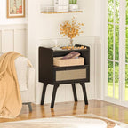 Lerliuo Rattan Nightstand, Bedside Table with Drawer Open Shelf, Cane Accent Side End Table with Solid Wood Legs, Black Mid Century Night Stand for Bedroom, Dorm and Small Spaces