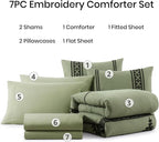 MaiRêve Embroidery Queen Size Comforter Sets, Light Olive Green Western Bedding Set Boho 7 Pieces, All Season Farmhouse Bed in A Bag Comforter Set with Sheets, Pillowcases & Shams