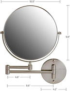 OVENTE 9" Wall Mounted Makeup Mirror with 1X/7X Magnification, Double Sided Magnifying Round Bathroom Vanity Mirror, 360° Swivel Design, Extendable and Folding Arm, Nickel Brushed MNLFW90BR1X7X
