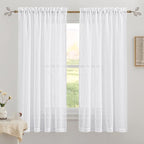 RYB HOME White Curtains for Bedroom Linen Textured Blend Semi Sheer Curtains Privacy Light Airy Sheers for Bathroom Living Room Cafe, White, 70 inch Wide x 63 inch Long, 2 Panels